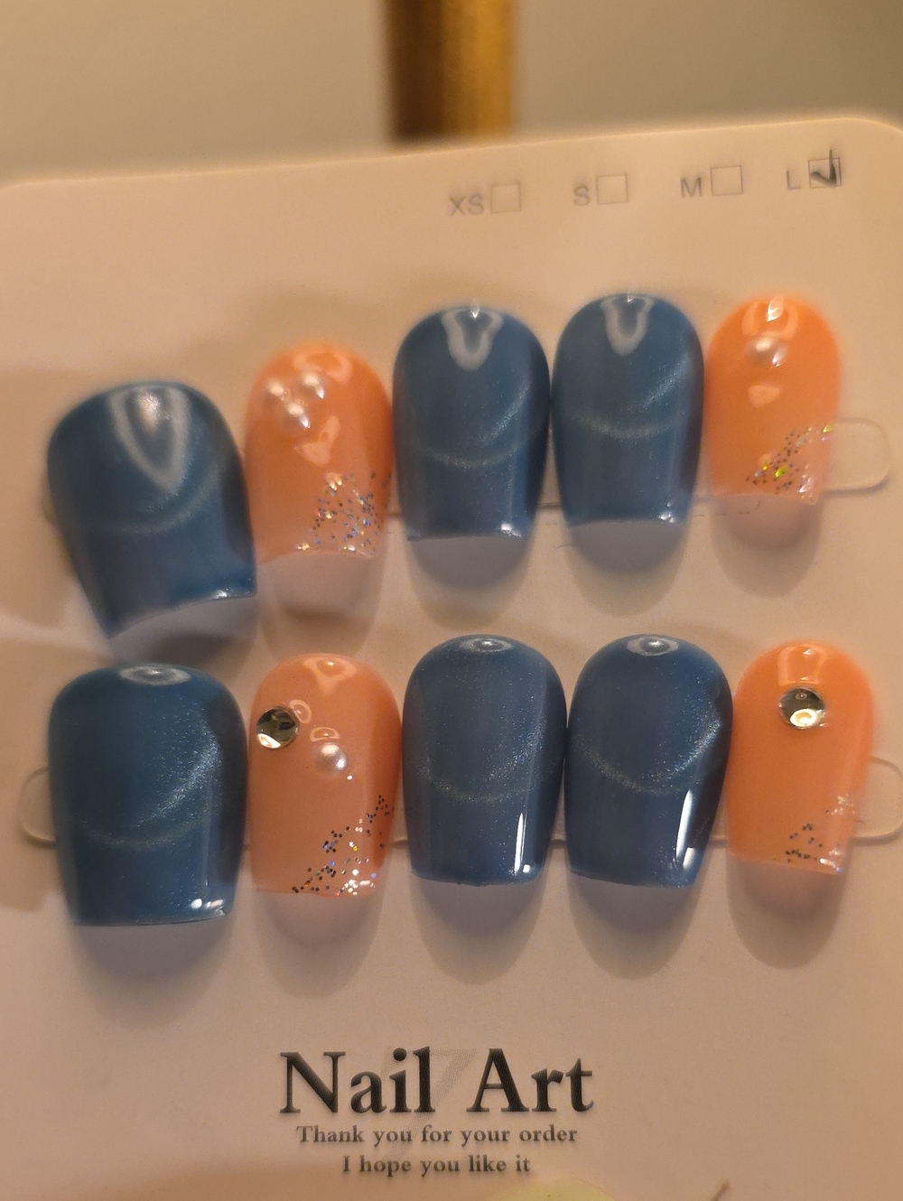 Press-On Nail Set - Blue and Peach Size Large